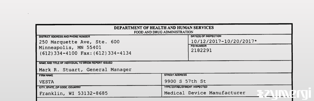 FDANews 483 Vesta Intermediate Funding, Inc. Oct 20 2017 top