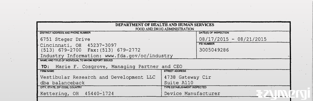 FDANews 483 Vestibular Research and Development LLC dba Balanceback Aug 19 2015 top