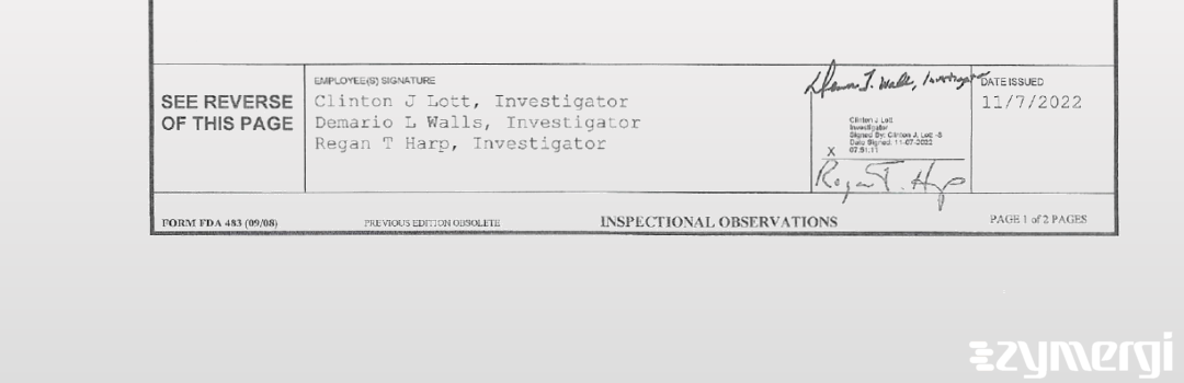 Demario L. Walls FDA Investigator Clinton J. Lott FDA Investigator Regan T. Harp FDA Investigator 