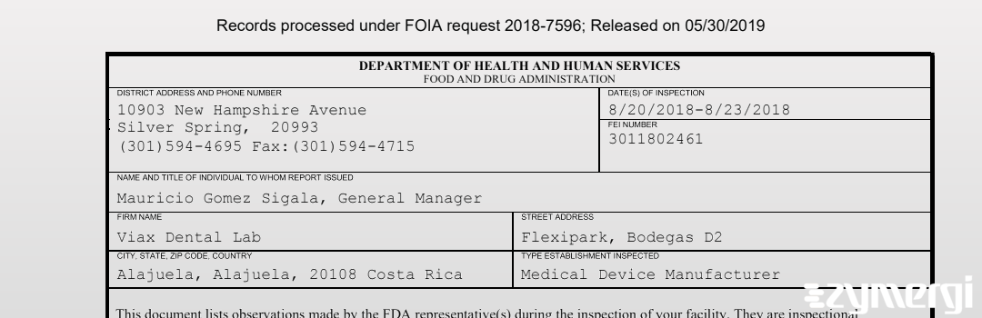 FDANews 483 Viax Dental Lab Aug 23 2018 top