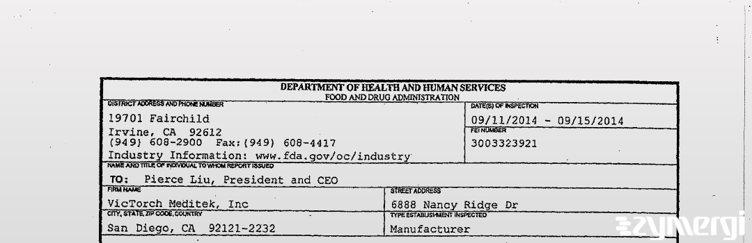 FDANews 483 VicTorch Meditek, Inc Sep 15 2014 top