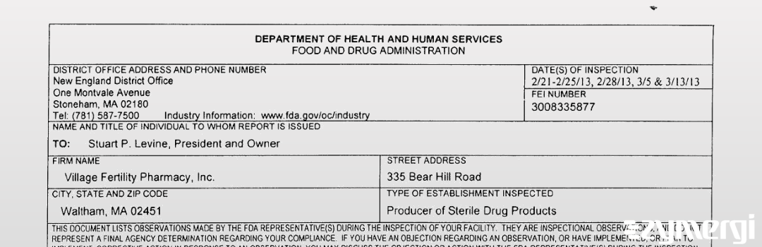 FDANews 483 Village Fertility Pharmacy, Inc. Mar 13 2013 top