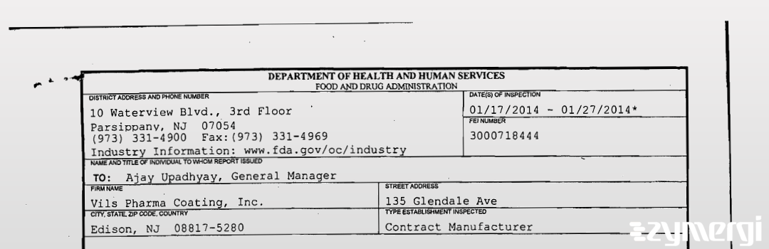 FDANews 483 Vils Pharma Coating, Inc. Jan 27 2014 top