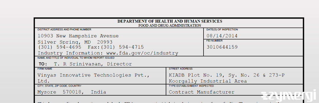 FDAzilla 483 Vinyas Innovative Technologies Pvt., Ltd. Aug 14 2014 top