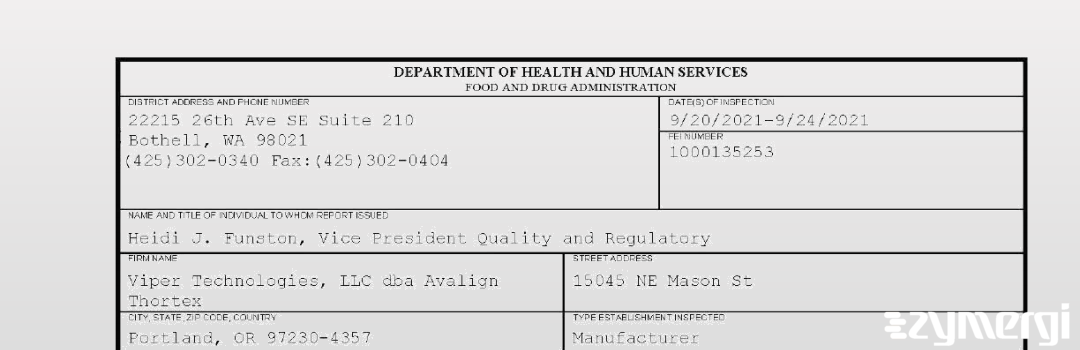 FDANews 483 Viper Technologies, LLC dba Avalign Thortex Sep 24 2021 top