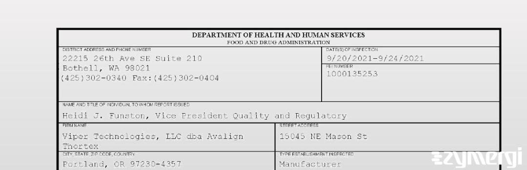 FDANews 483 Viper Technologies, LLC dba Avalign Thortex Sep 24 2021 top
