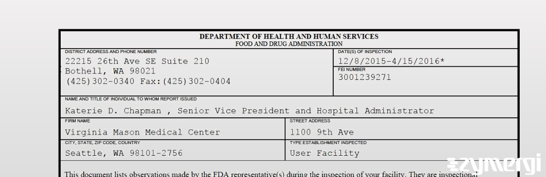 FDANews 483 Virginia Mason Medical Center Apr 15 2016 top