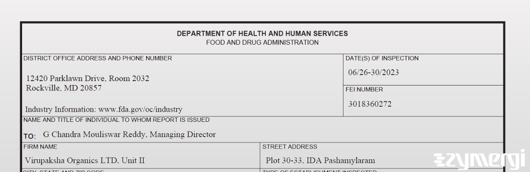 FDANews 483 Virupaksha Organics Limited Unit-II Jun 30 2023 top