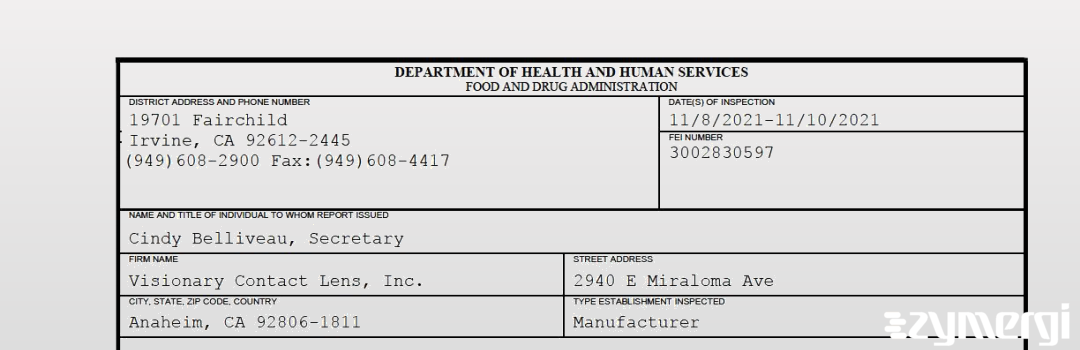FDANews 483 Visionary Contact Lens, Inc. Nov 10 2021 top