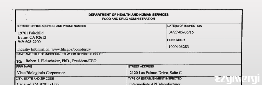 FDANews 483 Vista Biologicals Corporation May 6 2015 top