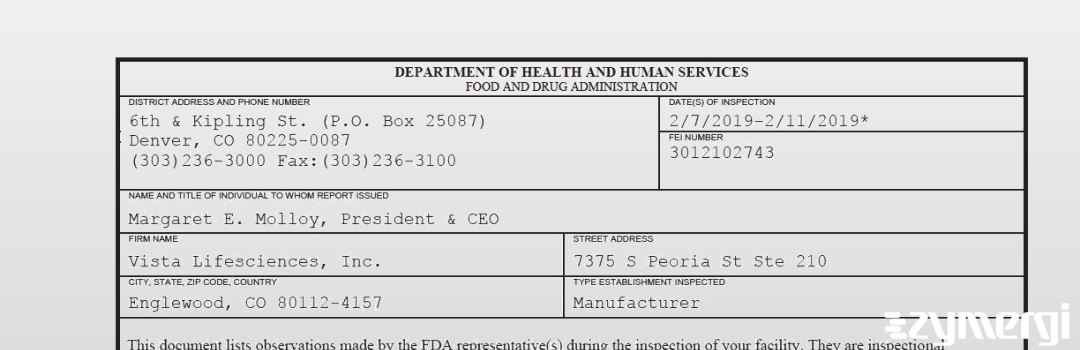 FDANews 483 Vista Lifesciences, Inc. Feb 11 2019 top