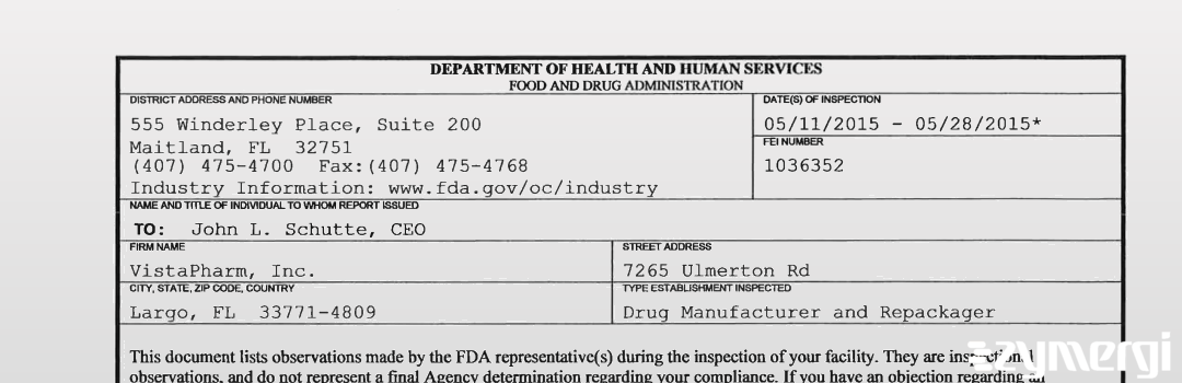 FDANews 483 VistaPharm, Inc. May 28 2015 top