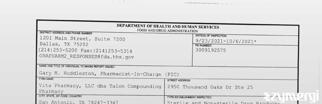 FDANews 483 Vita Pharmacy, LLC dba Talon Compounding Pharmacy Oct 6 2021 top