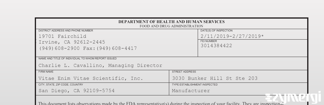 FDANews 483 Vitae Enim Vitae Scientific, Inc. Feb 27 2019 top