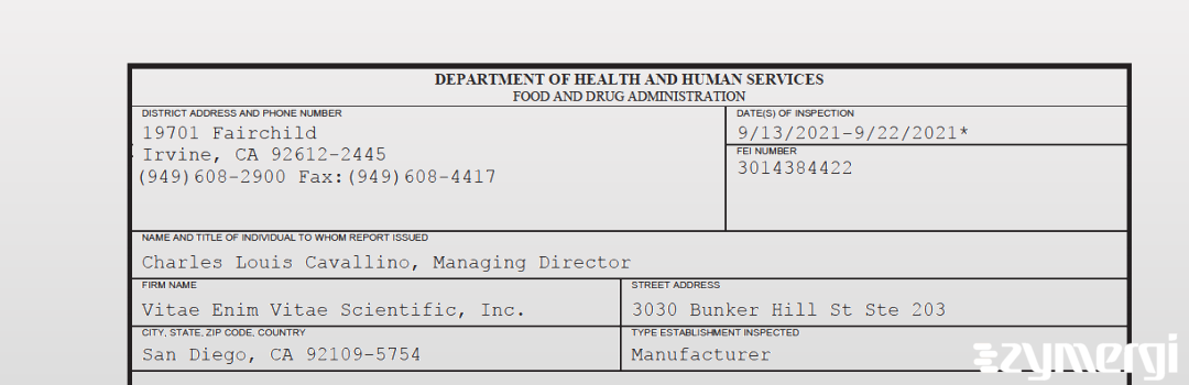 FDANews 483 Vitae Enim Vitae Scientific, Inc. Sep 22 2021 top