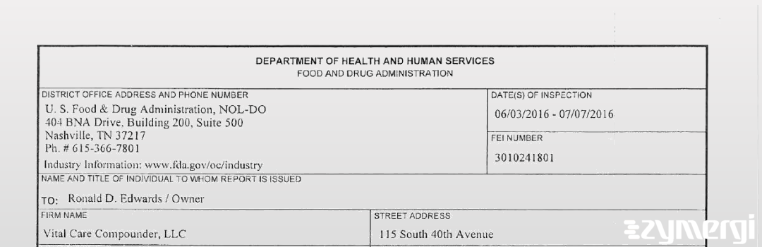 FDANews 483 Vital Care Compounder, LLC Jul 7 2016 top