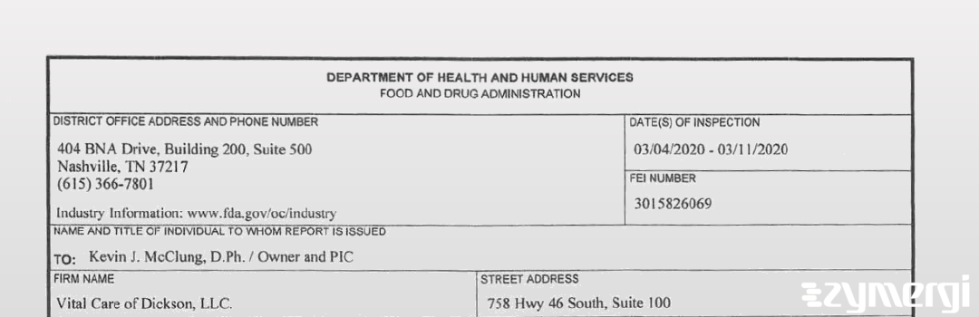 FDANews 483 Vital Care of Dickson, LLC Mar 11 2020 top