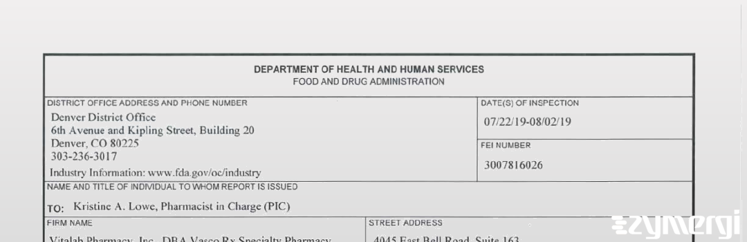 FDANews 483 Vitalab Pharmacy, Inc. DBA Vasco Rx Specialty Pharmacy Aug 2 2019 top