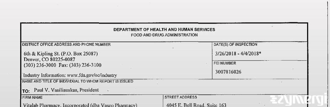 FDANews 483 Vitalab Pharmacy, Inc Apr 4 2018 top