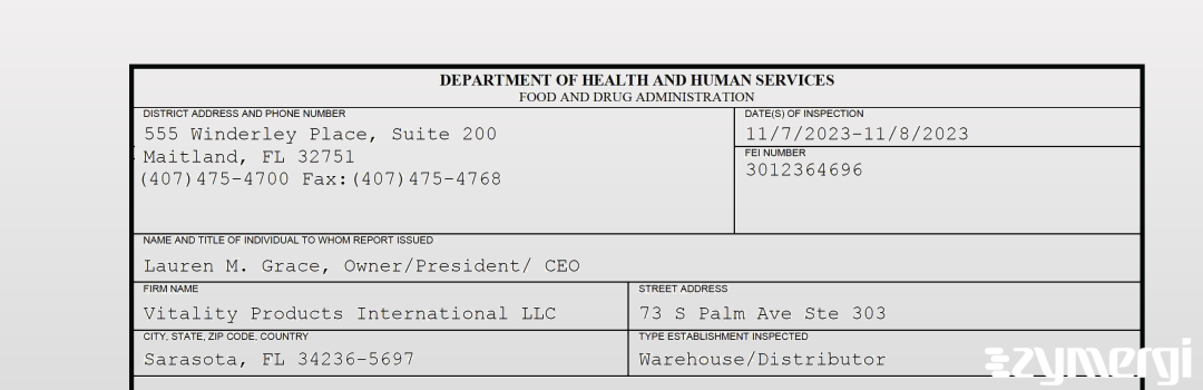 FDANews 483 Vitality Products International LLC Nov 8 2023 top