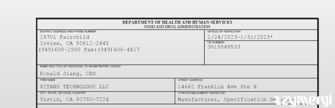 FDANews 483 VITANG TECHNOLOGY LLC Jan 31 2023 top