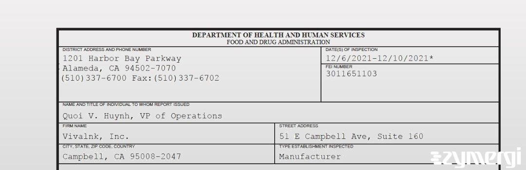 FDANews 483 Vivalnk, Inc. Dec 10 2021 top