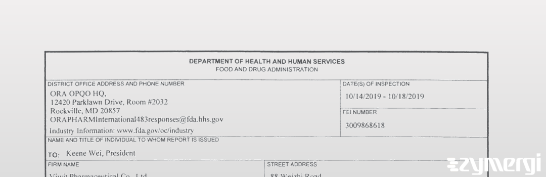 FDANews 483 Viwit Pharmaceutical Co., Ltd. Oct 18 2019 top