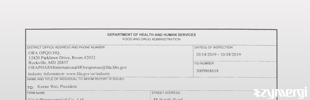 FDANews 483 Viwit Pharmaceutical Co., Ltd. Oct 18 2019 top