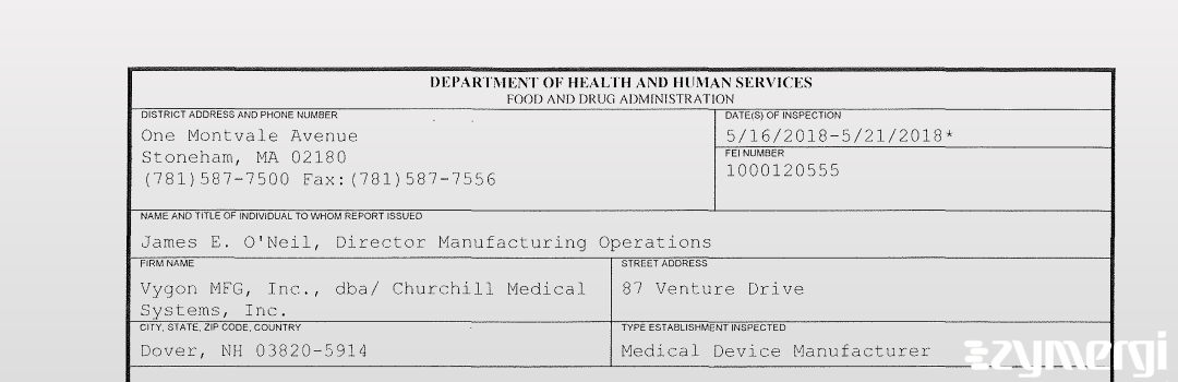 FDANews 483 Vygon MFG, Inc., dba/ Churchill Medical Systems, Inc. May 21 2018 top