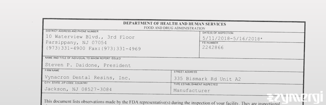 FDANews 483 Vynacron Dental Resins, Inc. May 16 2018 top