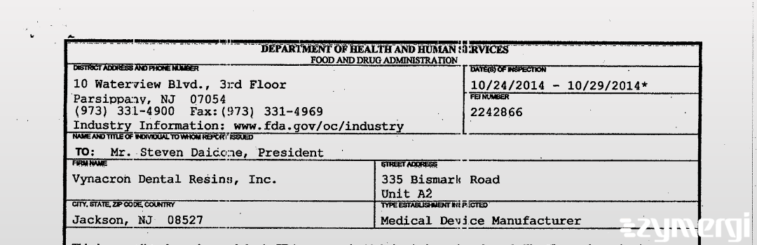 FDANews 483 Vynacron Dental Resins, Inc. Oct 29 2014 top