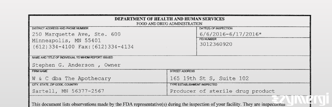 FDANews 483 W & C dba The Apothecary Jun 17 2016 top