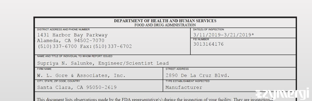 FDANews 483 W L Gore & Associates, Inc. Mar 21 2019 top