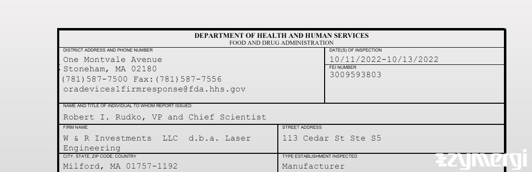 FDANews 483 W & R Investments  LLC  d.b.a. Laser Engineering Oct 13 2022 top