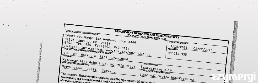 FDANews 483 Waldemar Link GmbH & Co. KG (Mfg Site) Jan 22 2015 top