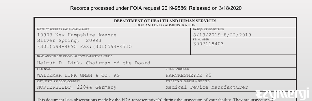 FDANews 483 Waldemar Link GmbH & Co. KG (Mfg Site) Aug 22 2019 top