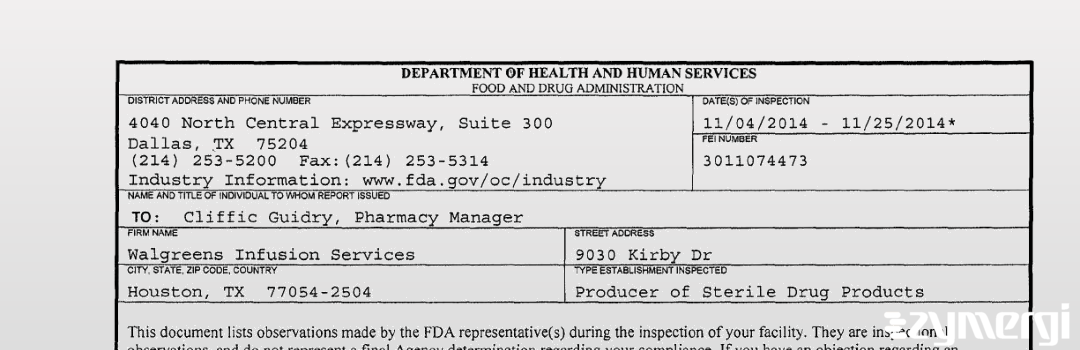 FDANews 483 Walgreens Infusion Services Nov 25 2014 top