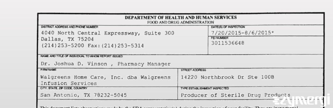 FDANews 483 Walgreens Infusion Services Aug 6 2015 top