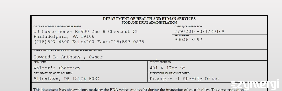 FDANews 483 Walter's Pharmacy, Inc. Mar 1 2016 top