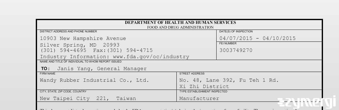 FDANews 483 Wandy Rubber Industrial Co., Ltd. Apr 10 2015 top