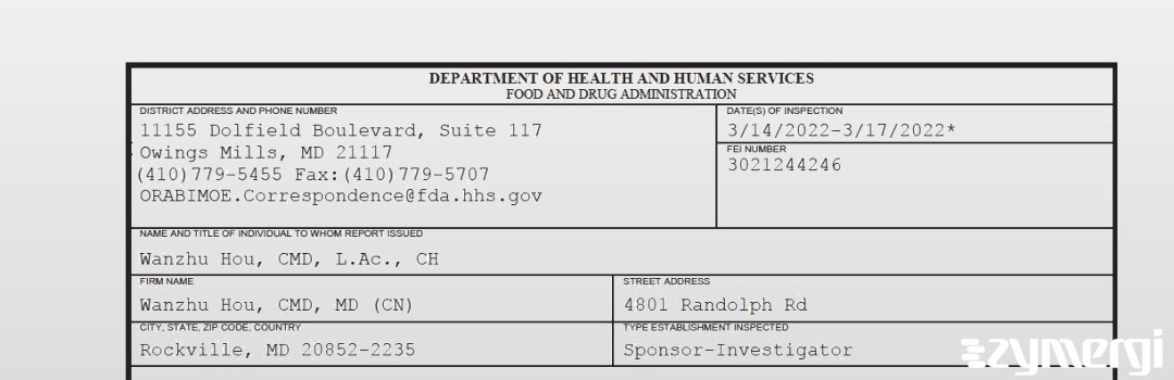 FDANews 483 Wanzhu Hou, CMD, MD (CN) Mar 17 2022 top