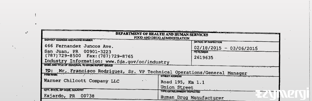 FDANews 483 Warner Chilcott Company LLC Mar 6 2015 top