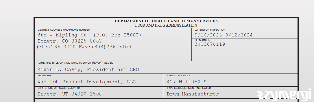 FDANews 483 Wasatch Product Development, LLC Sep 12 2024 top