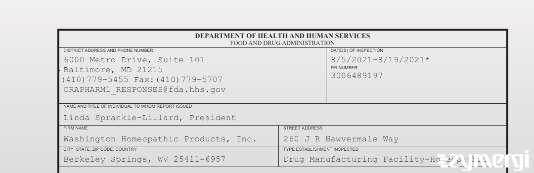 FDANews 483 Washington Homeopathic Products, Inc. Aug 19 2021 top