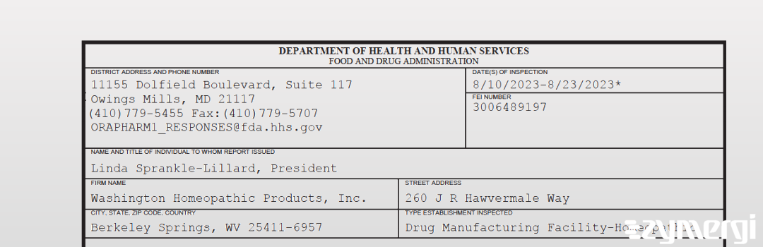 FDANews 483 Washington Homeopathic Products, Inc. Aug 23 2023 top