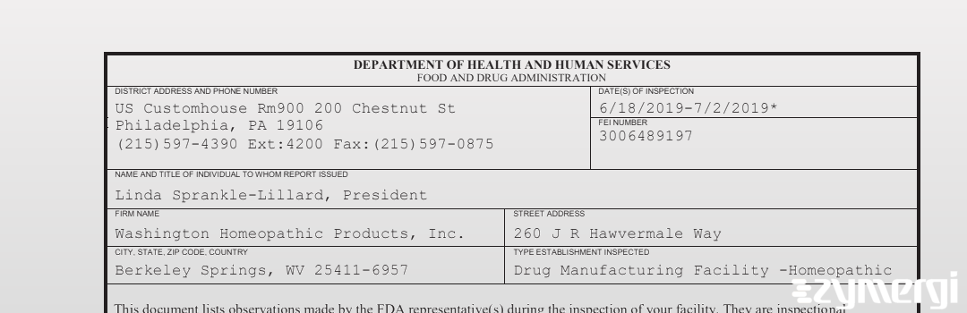 FDANews 483 Washington Homeopathic Products, Inc. Jul 2 2019 top