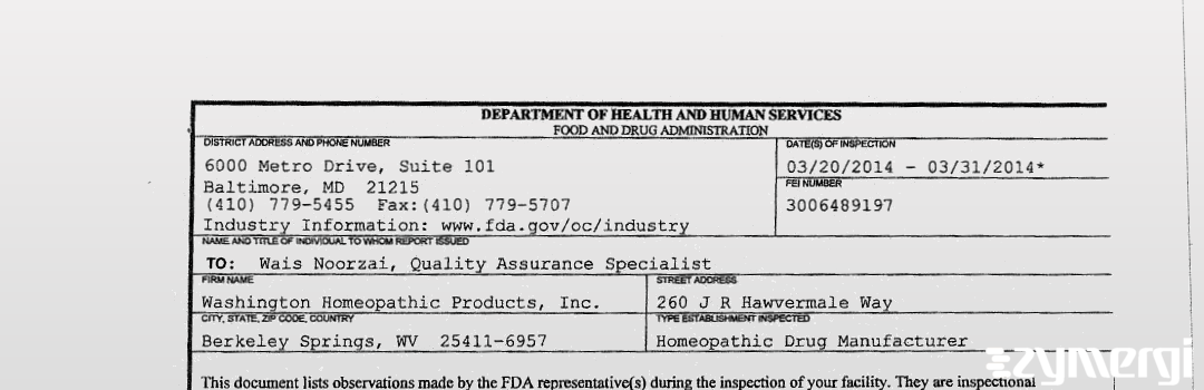 FDANews 483 Washington Homeopathic Products, Inc. Mar 31 2014 top