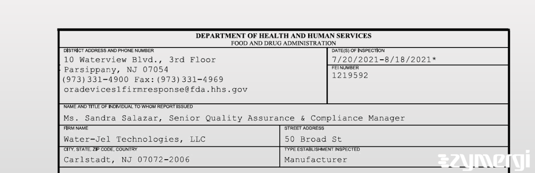 FDANews 483 Water-Jel Technologies, LLC Aug 18 2021 top