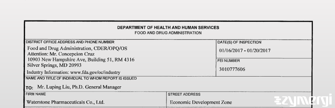 FDANews 483 Waterstone Pharmaceuticals Co., Ltd. Jan 20 2017 top