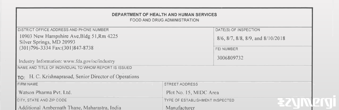 FDANews 483 Watson Pharma Pvt. Ltd. Aug 10 2018 top